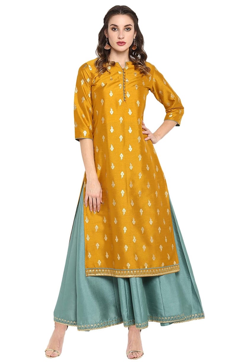 Janasya Women's Midi Silk Blend Printed Anarkali Ethnic Dress - Image 1
